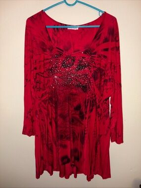 Women's Red Long-Sleeve Embellished Tunic Top